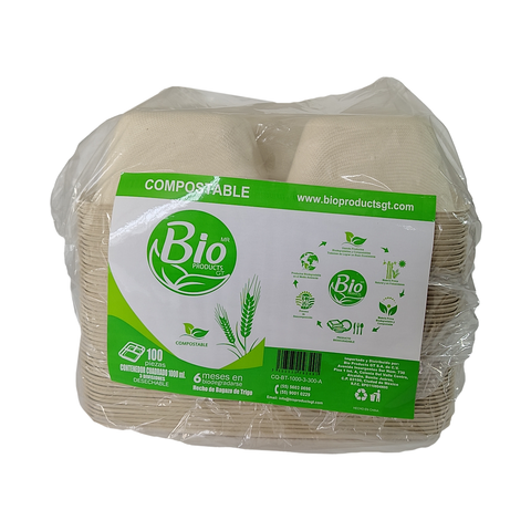 Contenedor Compostable de Bagazo de Trigo de 1000 ml con 3 Divisiones