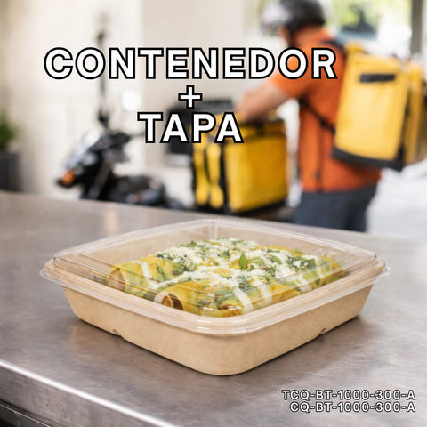 Pack Contenedor Cuadrado 1000 ml sin División + Tapa Compostable