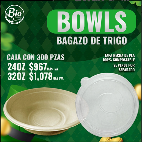 Bowl Compostable de Bagazo de Trigo de 24 oz