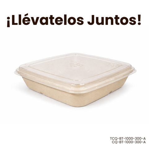 Pack Contenedor Cuadrado 1000 ml sin División + Tapa Compostable