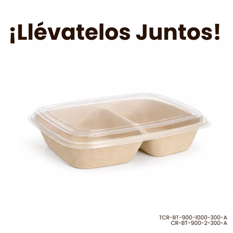 Pack Contenedor Rectangular 900 ml con División + Tapa Compostable